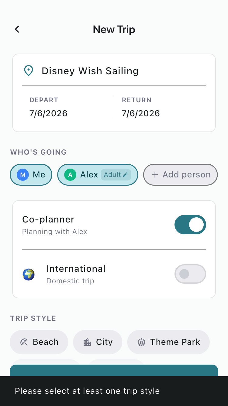 FamGo New Trip screen with Cruise trip style selected