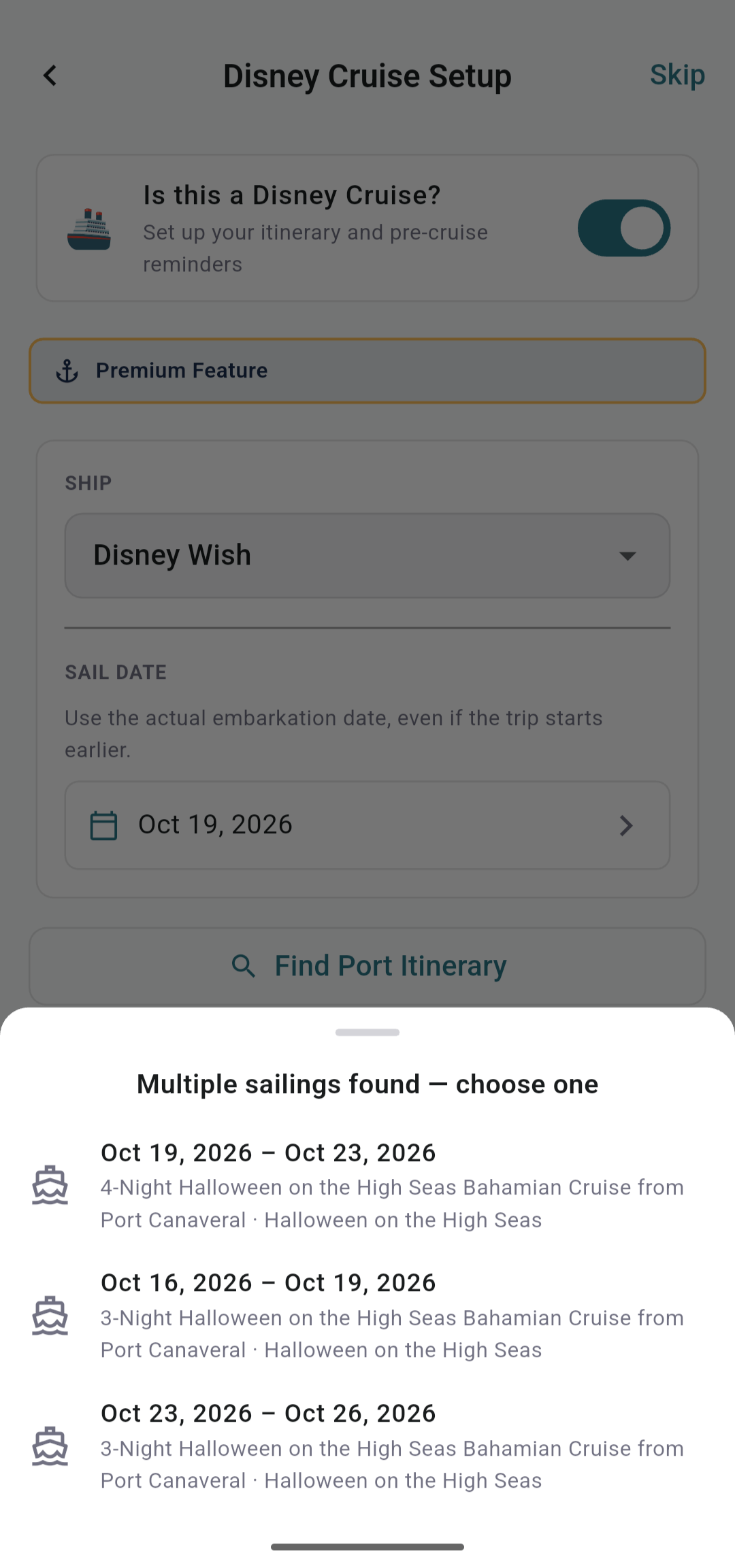 FamGo Disney Cruise setup with ship, sail date, and sailing picker