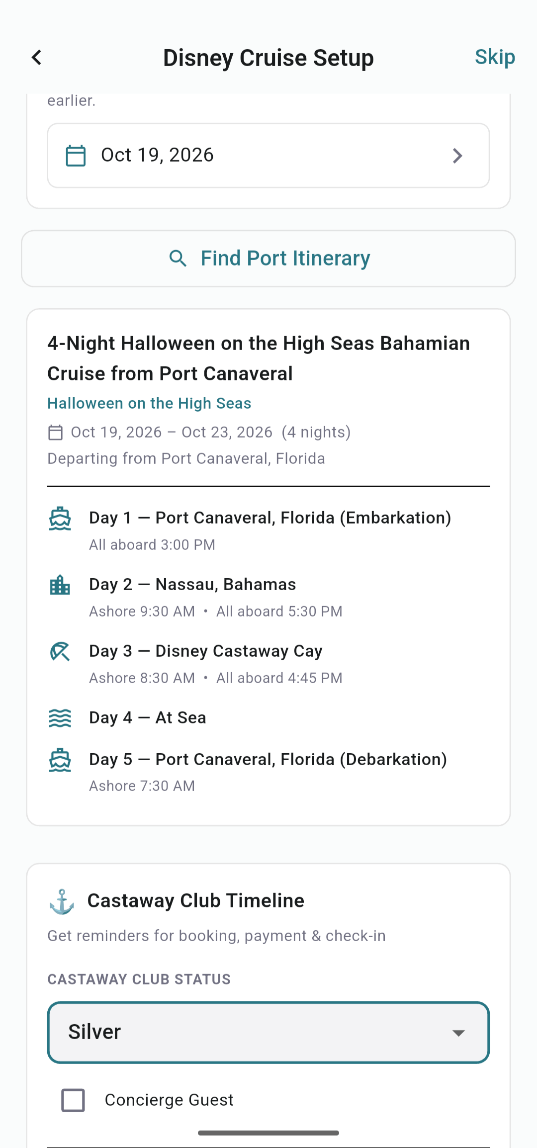 FamGo Disney Cruise setup showing imported port day itinerary