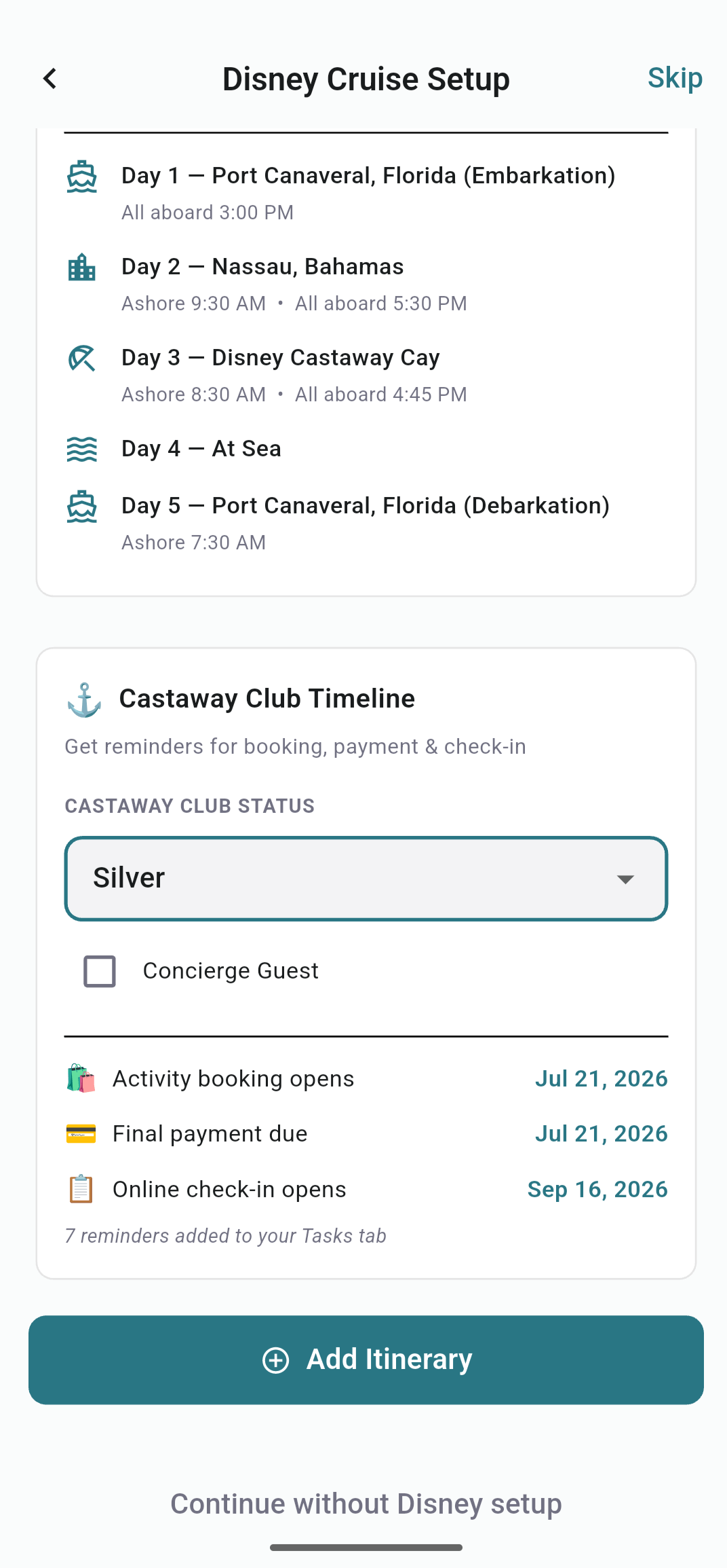 FamGo Castaway Club timeline with booking and check-in reminder dates