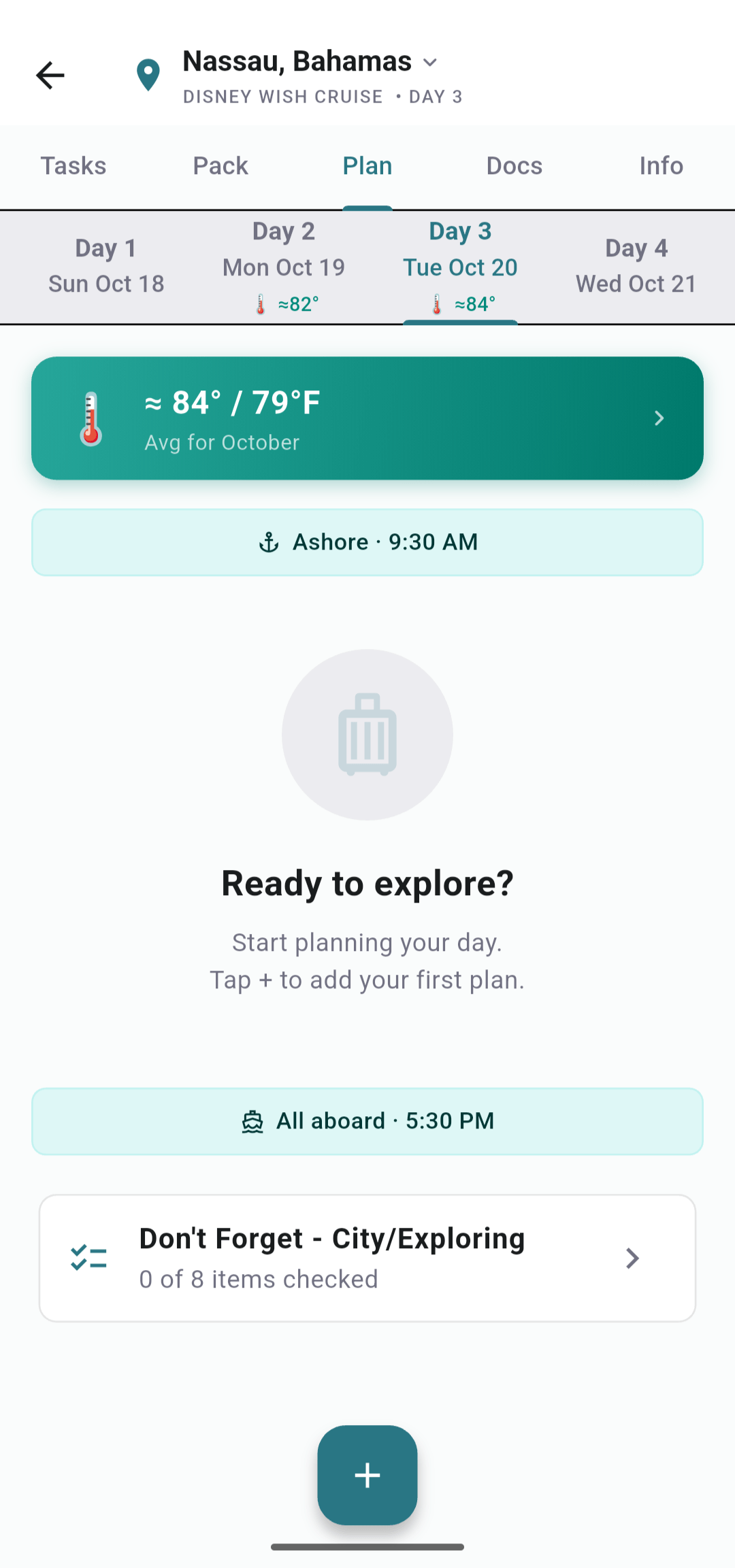 FamGo Plan tab on a Disney cruise port day with ashore and all aboard times
