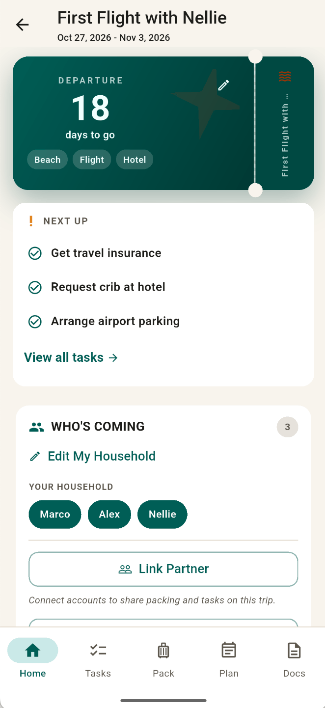 FamGo trip home for a first flight with a baby, showing days to departure and the next tasks