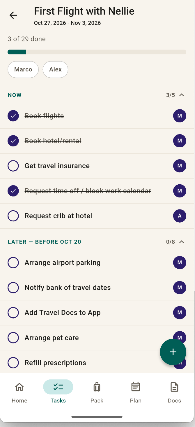 FamGo Tasks tab for a first flight with a baby, with prep tasks grouped by timing and a progress bar