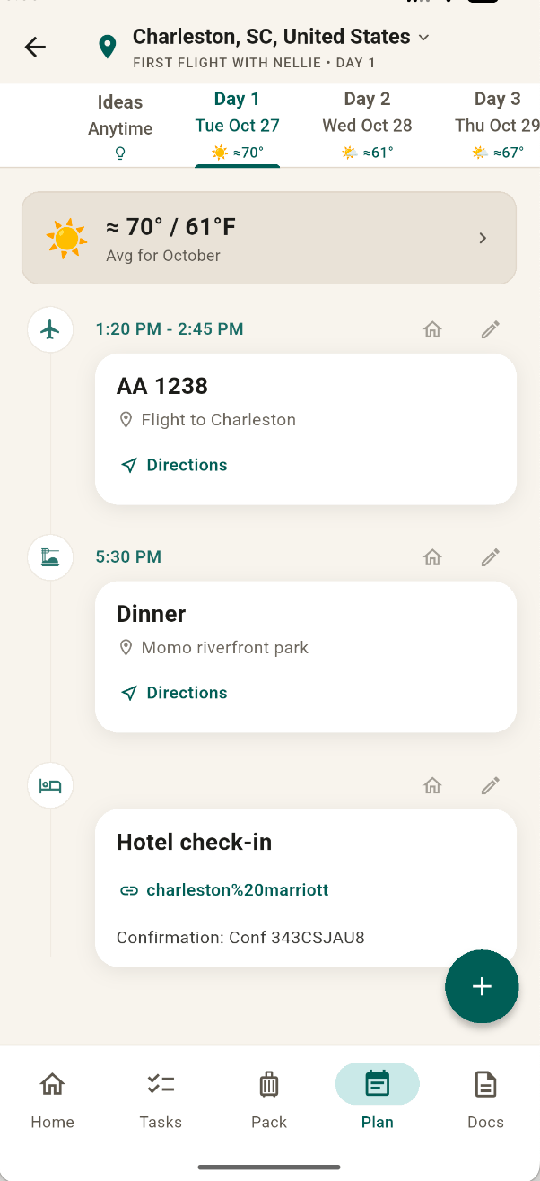 FamGo Plan tab showing a flight, dinner, and hotel check-in for the first day of a trip