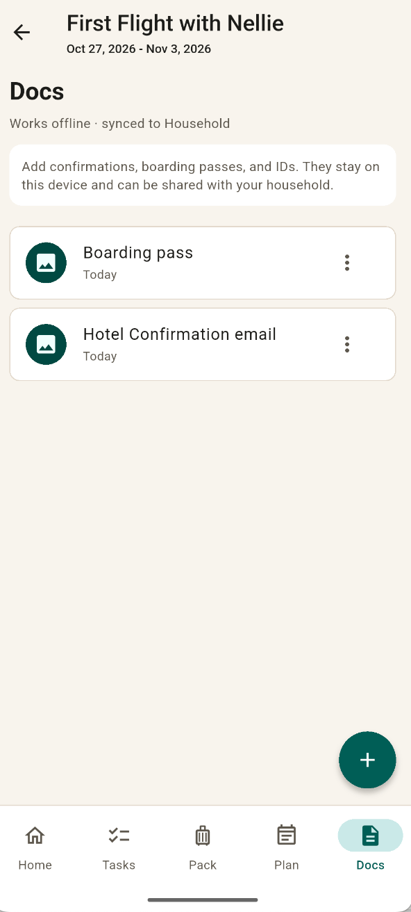 FamGo Docs tab showing a boarding pass and a hotel confirmation, with the note that it works offline