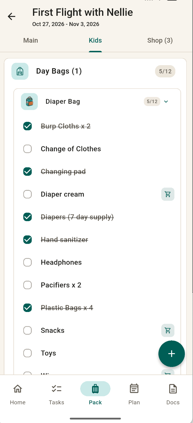 FamGo Pack tab on the Kids list, showing a diaper bag checklist with burp cloths, diapers, and pacifiers
