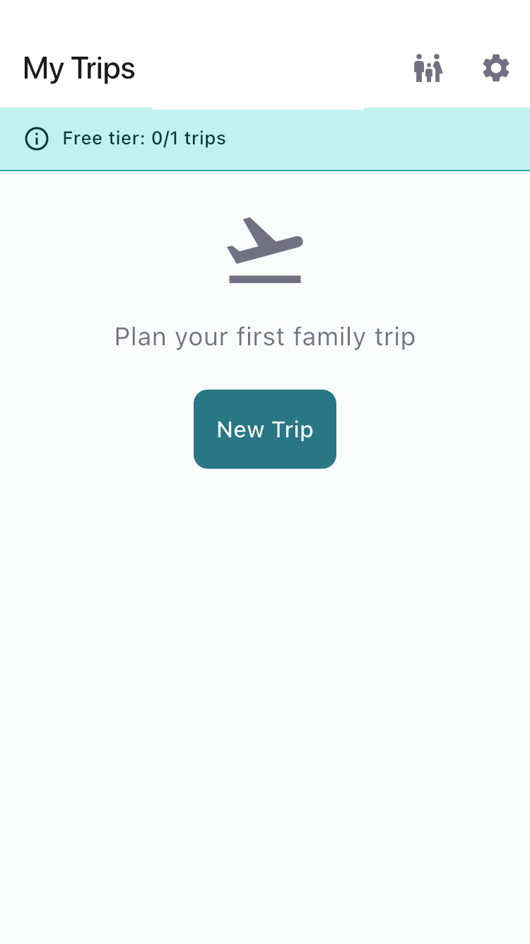 FamGo trip list screen showing empty state with New Trip button and free tier banner