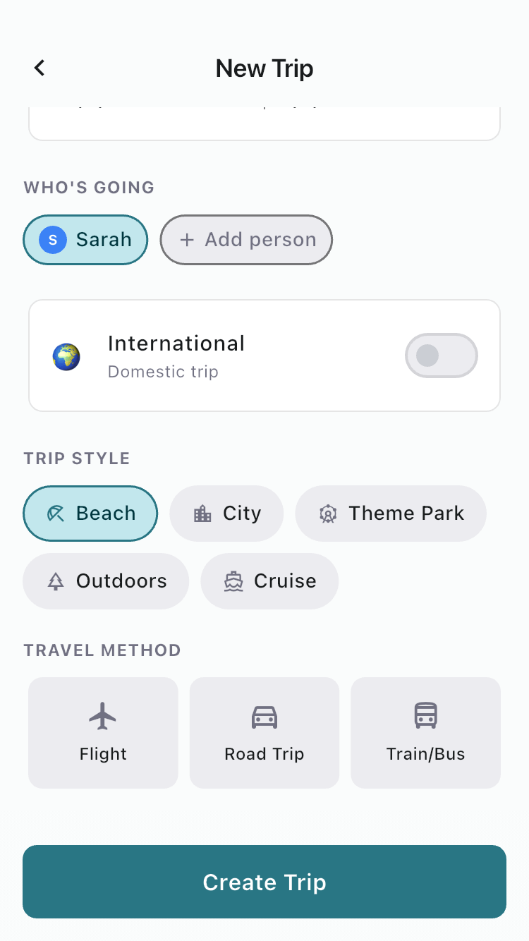FamGo New Trip screen with trip name, dates, who's going, and trip style chips