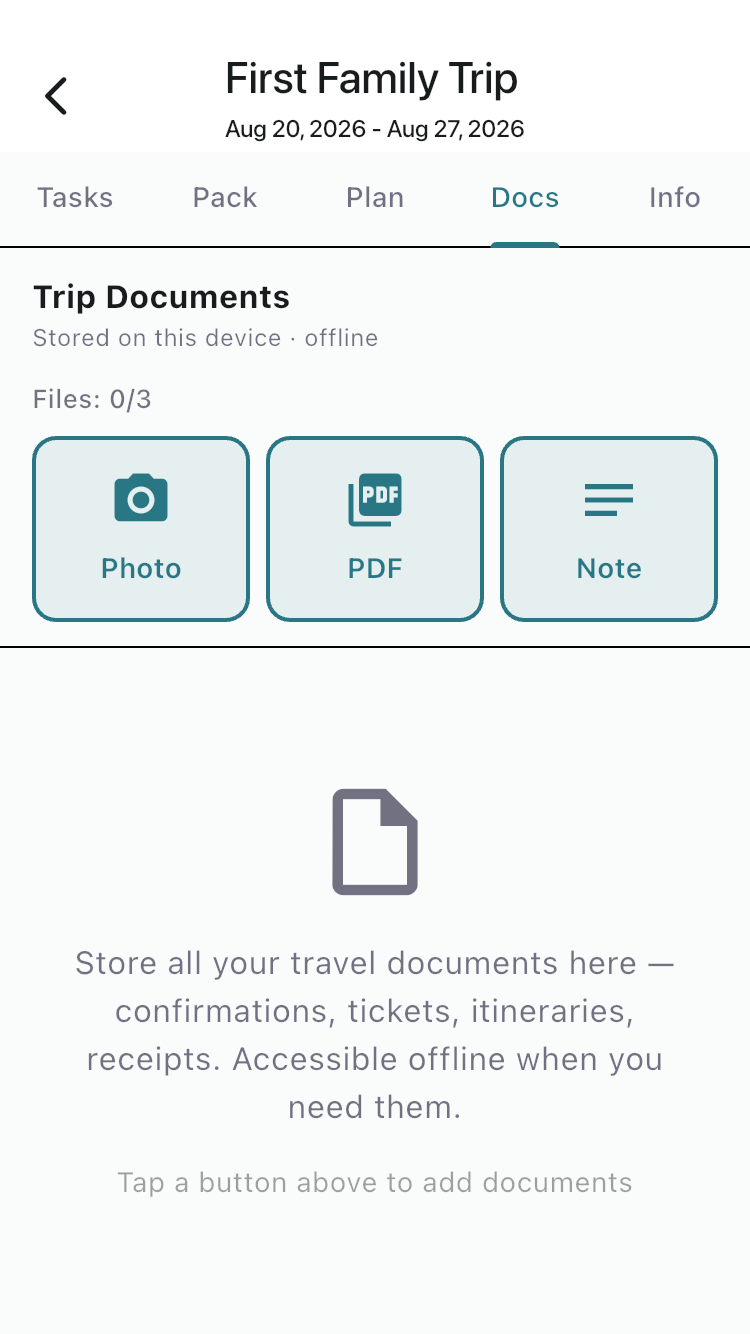 FamGo Docs tab showing uploaded travel documents