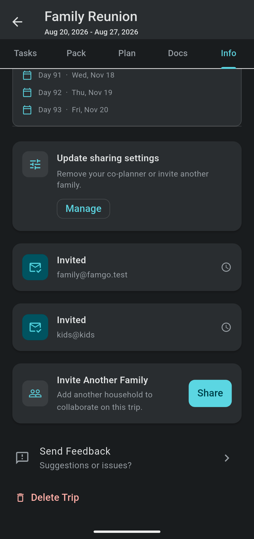 FamGo Info tab showing pending group trip invitations by email