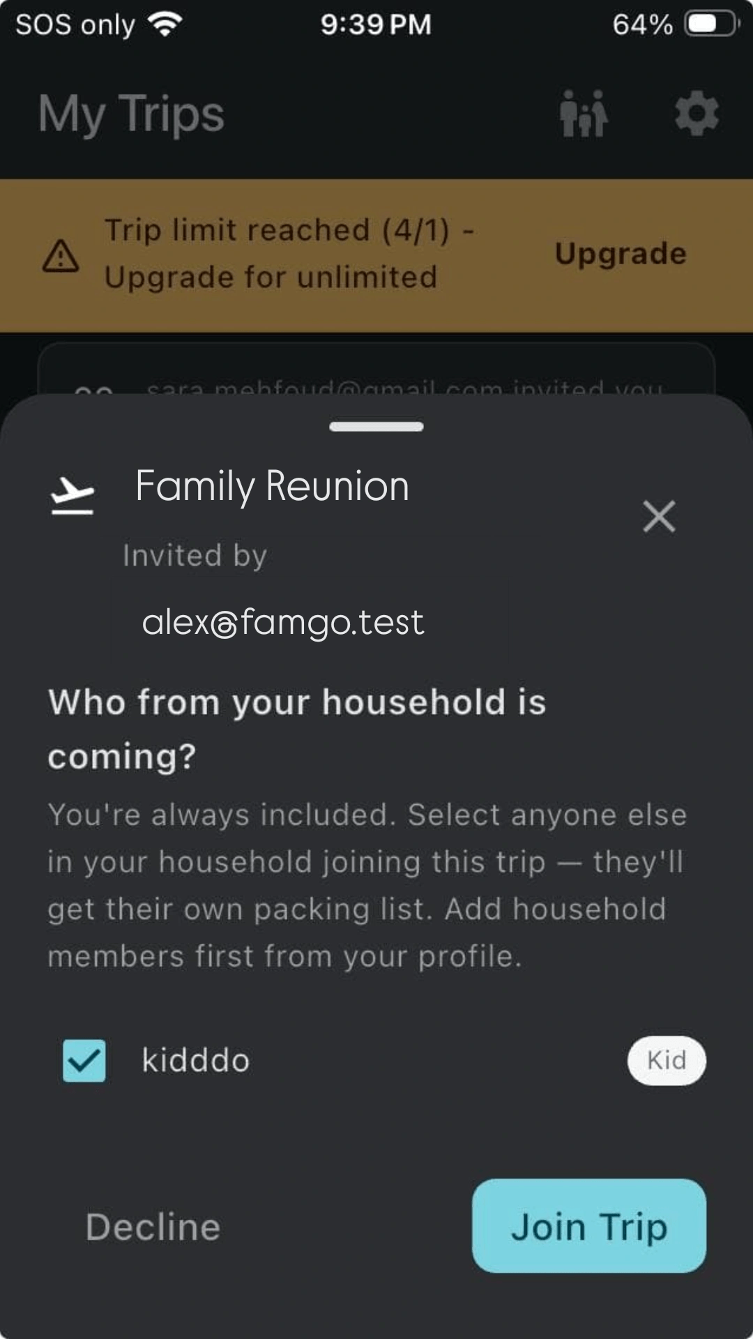 FamGo Join Trip sheet for selecting household members on a group invite