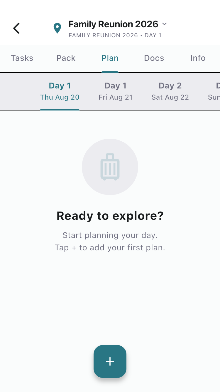 FamGo Plan tab showing shared reunion or cruise itinerary