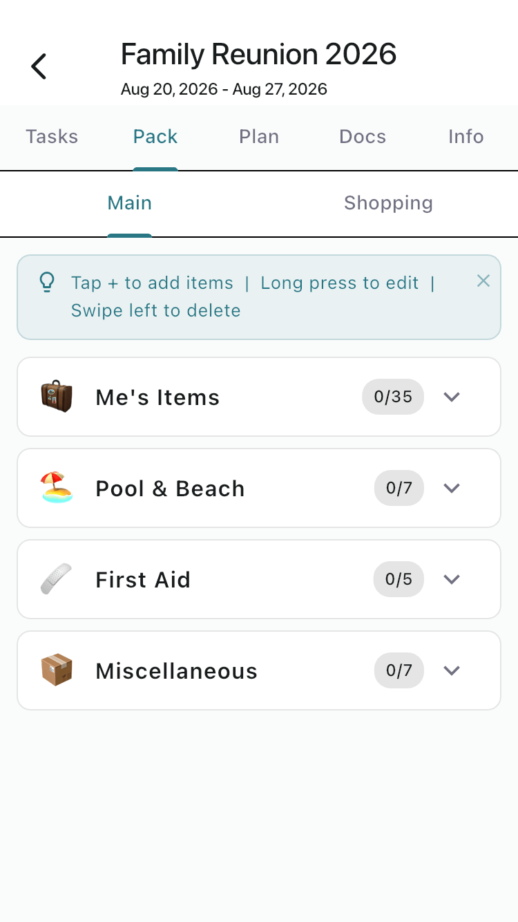 FamGo Pack tab showing private household packing list on a shared trip