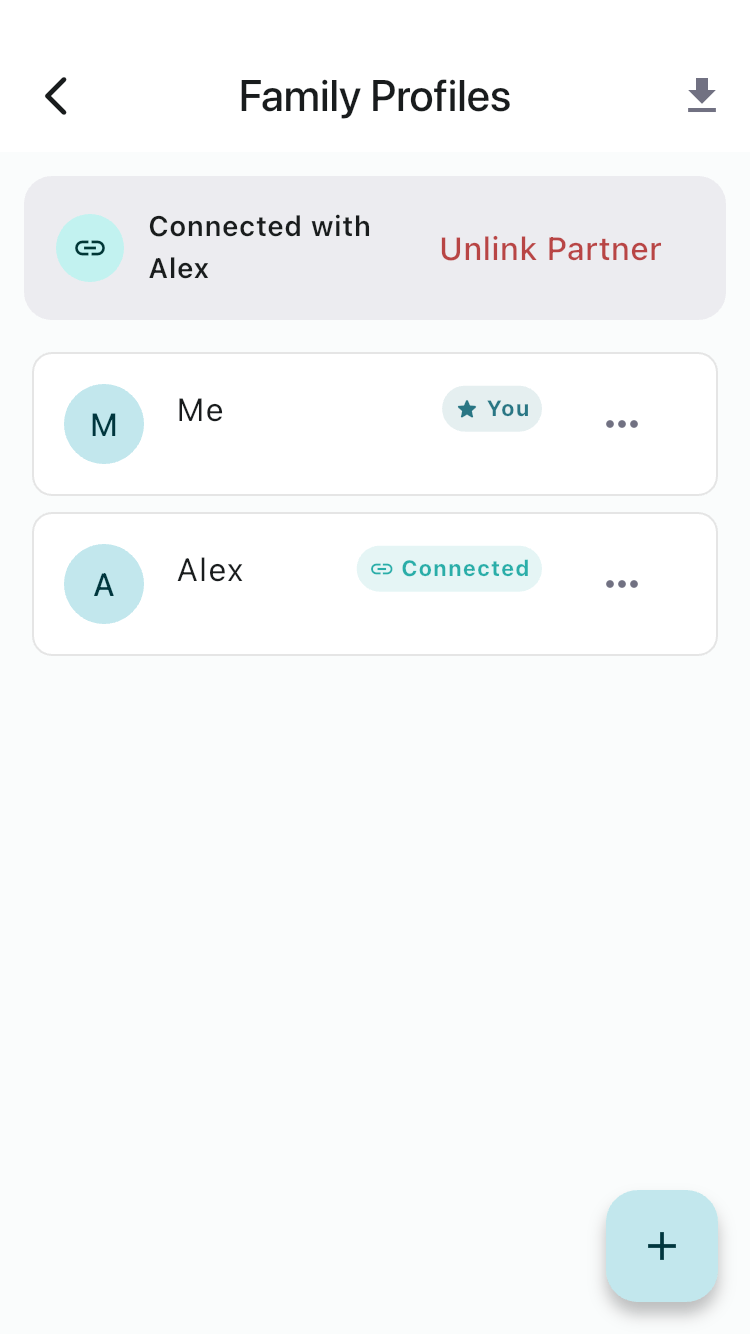FamGo Family Profiles screen with Connect with your partner section